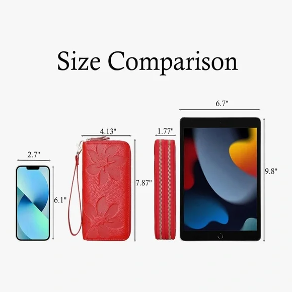 Vibrant Red Floral Embossed Leather Clutch with Wrist Strap RFID - Picture 5 of 11